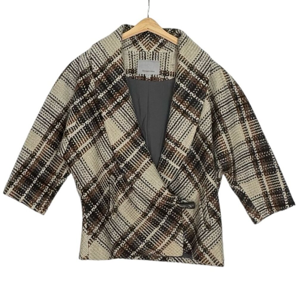 Classiques‎ Entier Brown Cream Plaid  Shawl Collar 3/4 Sleeve Wrap Jacket Medium